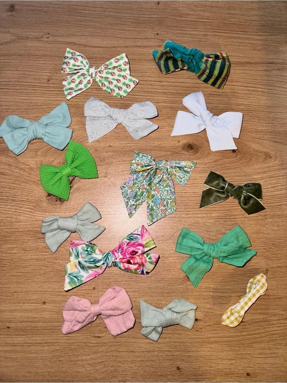 Handmade Kids Bow Clip Set — Assorted Green, White, Pink Floral